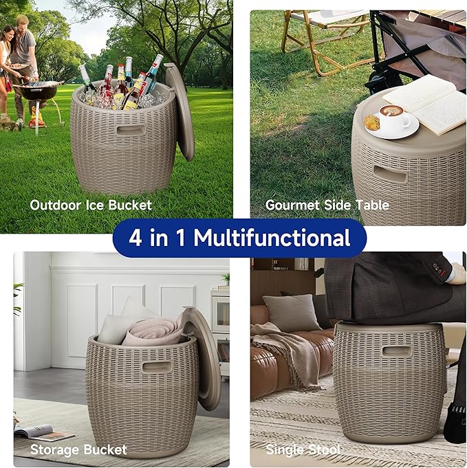 EasyUp 9.5 Gallon Outdoor Cooler Table, Wicker Round Ice Bucket for Parties, Rattan Bar Table with Top Lid Side Handles Drainage Plug, Beer Wine Cooler Side Tables for Patio, Poolside, Deck, Grey