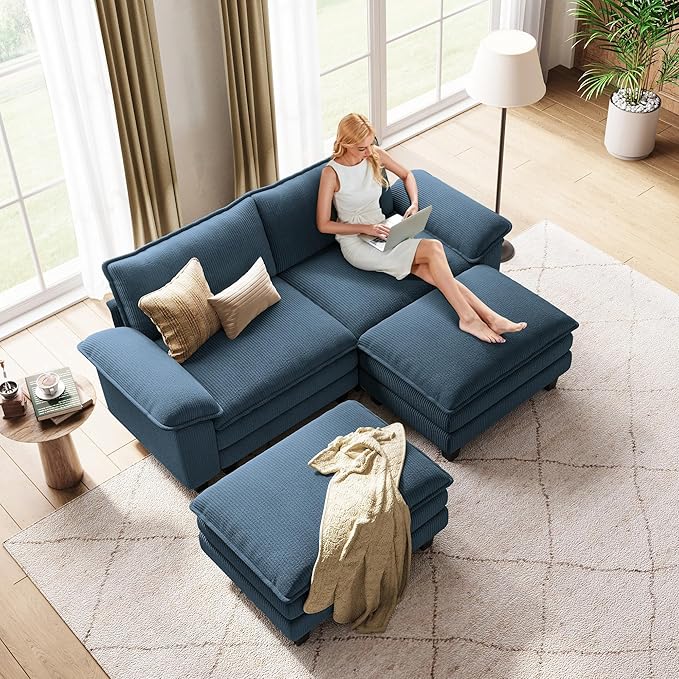 LINSY HOME 90" Modular Cloud Love Seat Sofa, Corduroy Soft Sectional Couch, Modern Comfy Love Seat with 2 Movable Ottoman, Perfect for Living Room, Apartment, Office, Blue