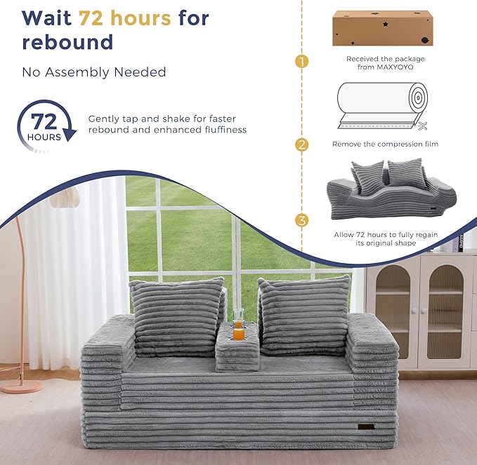 MAXYOYO Loveseat Sofa Bed, Striped Faux Fur Foldable Floor Sofa Couch in A Box, 4 in 1 Convertible Boneless Couch with 2 Cup Holders, Folding Recliner Sleeper Chair, No Assembly Required, Grey