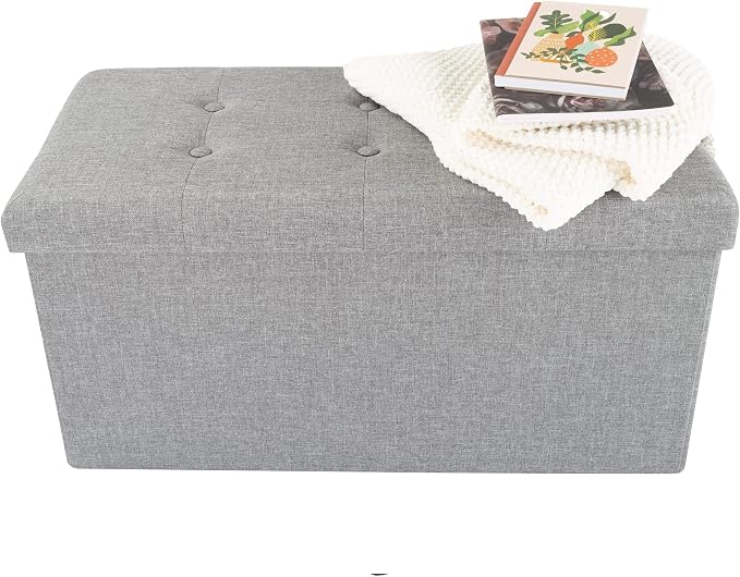 Lavish Home Folding Storage Ottoman - 30-Inch Tufted Footrest, Linen Chest, or Bench with Removable Bin for Living Room, Bedroom, or Dorm (Light Gray)