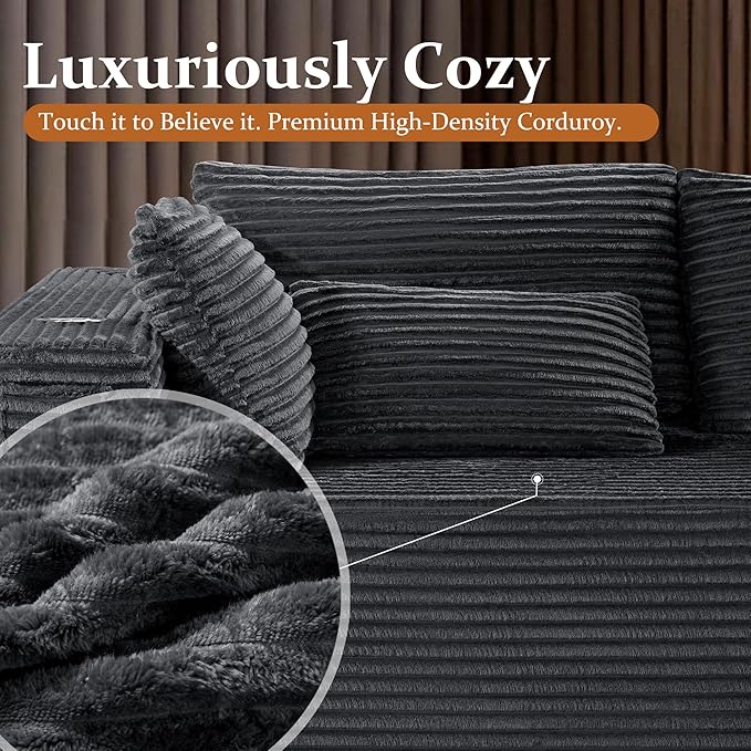 138" Oversized Cloud Sectional Couch, Comfort L Shaped Boneless Couch for Living Room, Extra Deep Seats No Assembly, Minimalist Modular Sofa, Corduroy (Dark Grey, 3 Seater+Left Facing Chaise)