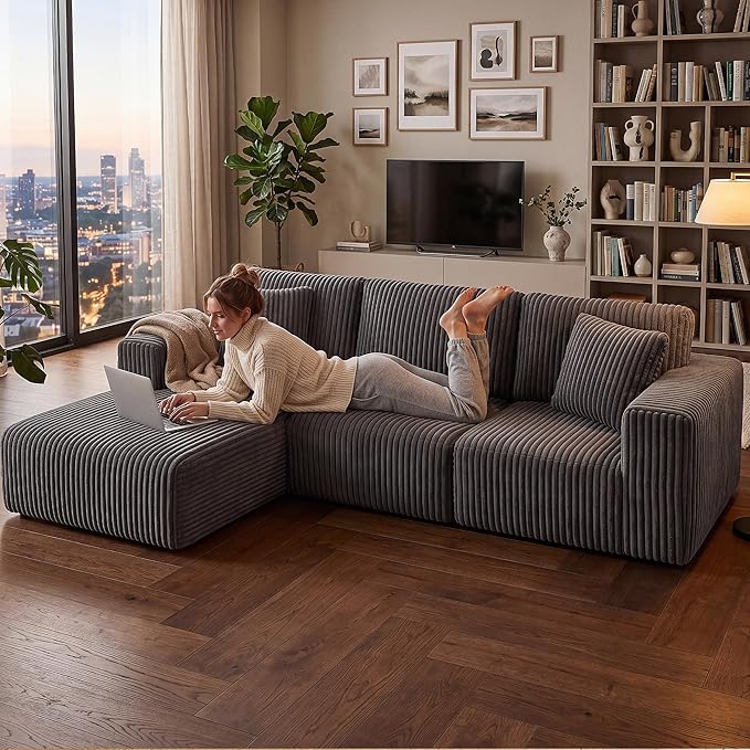 GRUSIGN 107'' Cloud Sectional Boneless Couches for Living Room, Modular L Shaped Couch with Deep Seat Oversized Left Facing Chaise, Memory Foam Compressed Spineless 3 Seater Sofa, Wide-Striped Grey