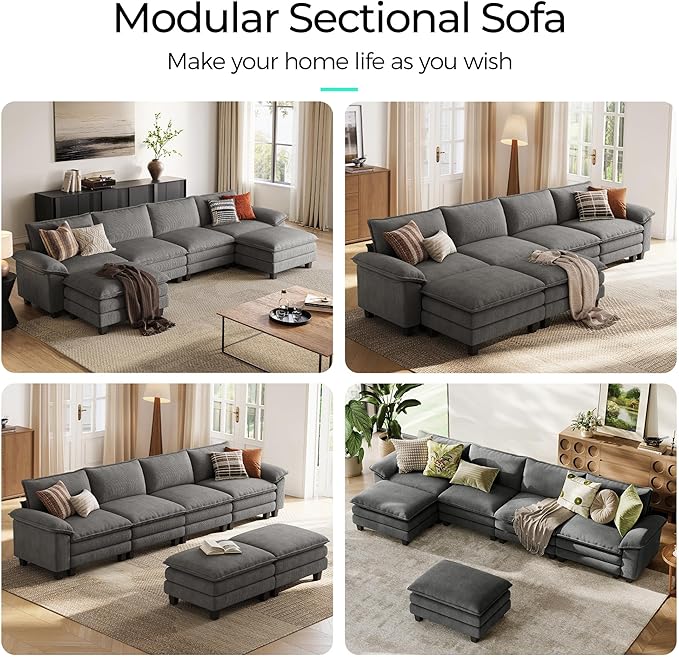 LINSY HOME 157" Modular U-Shaped Sectional Sofa, 4-Seat Corduroy Modern Cloud Couch with Deep Seat & 2 Movable Ottoman, Perfect for Living Room, Office, Bedroom, Grey