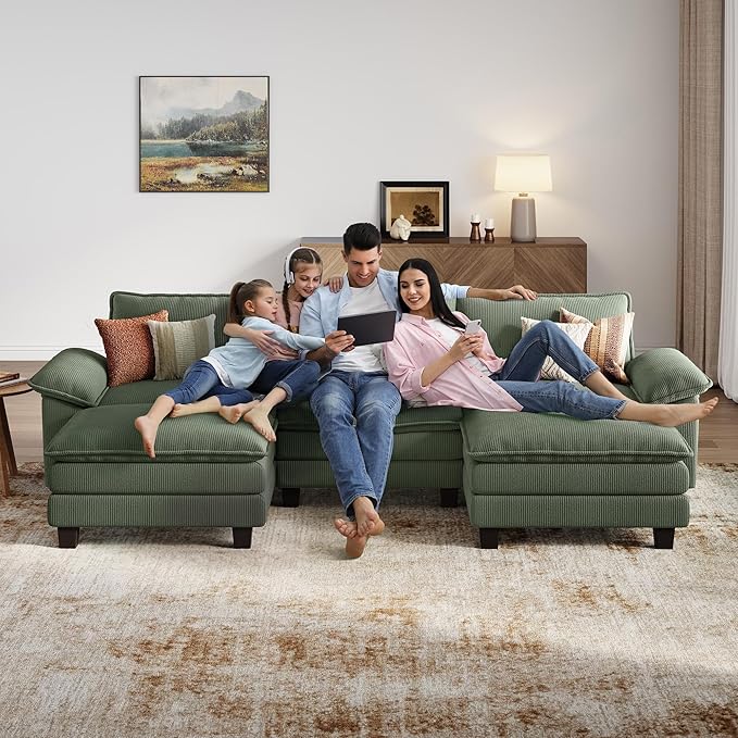 LINSY HOME 123" Modular U-Shaped Sectional Sofa, 3-Seat Corduroy Modern Cloud Couch with Deep Seat & 2 Movable Ottoman, Perfect for Living Room, Office, Bedroom, Green