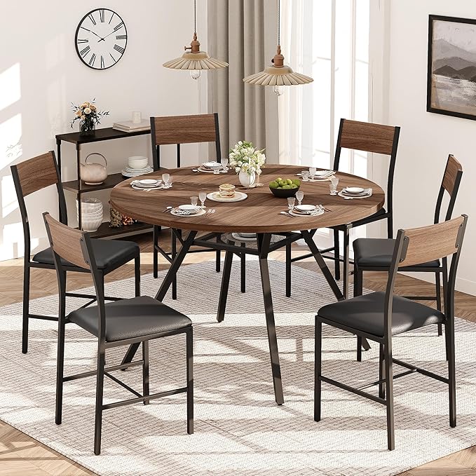 Pamapic 47'' Round Dining Table Set for 6, Kitchen Table and Chairs for 6, Dining Room Circle Dinner Pedestal Table, Solid Metal Frame,Space Saving Wood Small Kitchen & Dining Room Furniture,Walnut