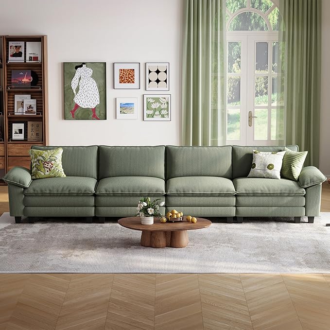 LINSY HOME 157" Modular Sectional Sofa, 4-Seat Corduroy Modern Cloud Couch with Deep Seat, Perfect for Living Room, Office, Bedroom, Green