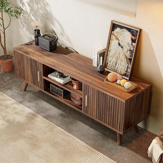 SUPERJARE TV Stand for 55 Inch TV, Entertainment Center with Adjustable Shelf, 2 Cabinets, TV Console Table, Media Console, Solid Wood Feet, Cord Holes, for Living Room, Bedroom, Walnut