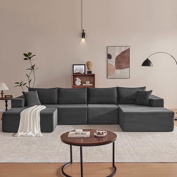Mangodan 140” Cloud Sectional Couch, Boneless Sofa for Living Room, Modular Sectional Sofa with Deep Seat, Comfy Fluffy U-Shaped Couch with Right-Facing Chaise, No Assembly Required, Grey