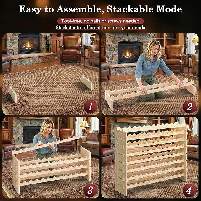 96 Bottles Stackable Modular Wine Rack, 8-Tier Wooden Wine Storage Rack Freestanding Wine Holder Display Shelves, Wobble-Free Shelves, Solid Wood