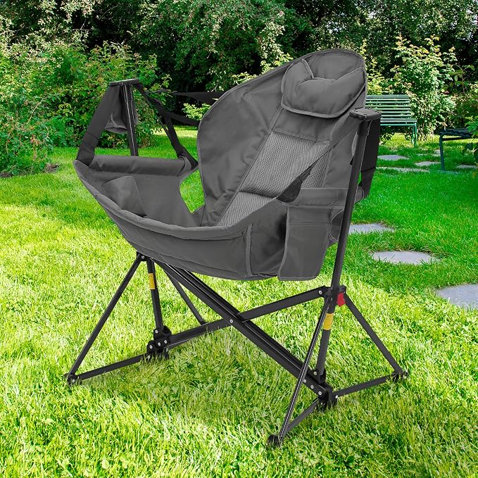 Ainfox Hammock Camping Chair, Foldable Portable Rocking Chairs for Adults Outside Swinging Camp with Cup Holder Pillow for Outdoor Patio Poolside (Grey)