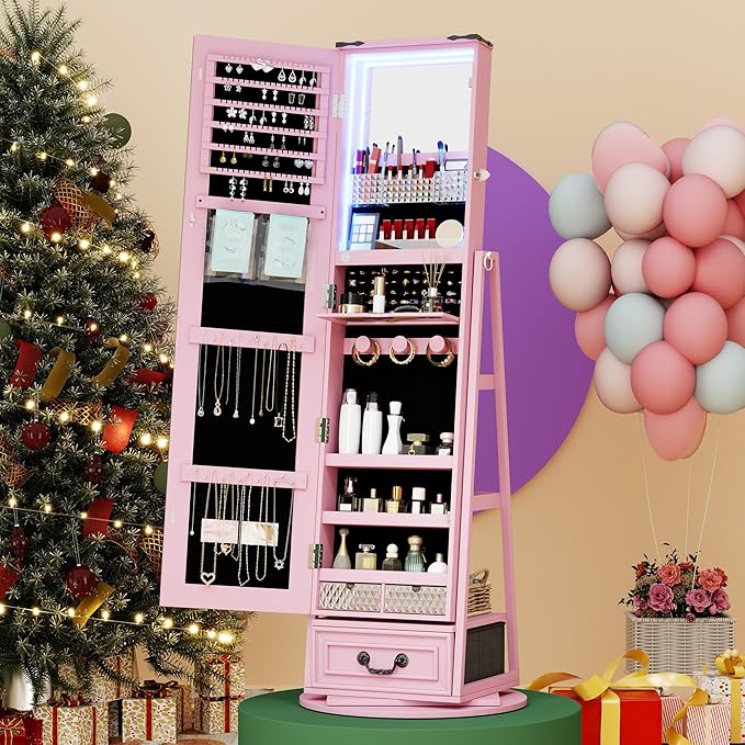 HWB Standing Full-Length Mirror Jewelry Armories, Jewelry Organizer with LED Lights 360° Swivel, Lockable Jewelry Cabinet, Jewelry Storage with Shelves & Stable Base Pink