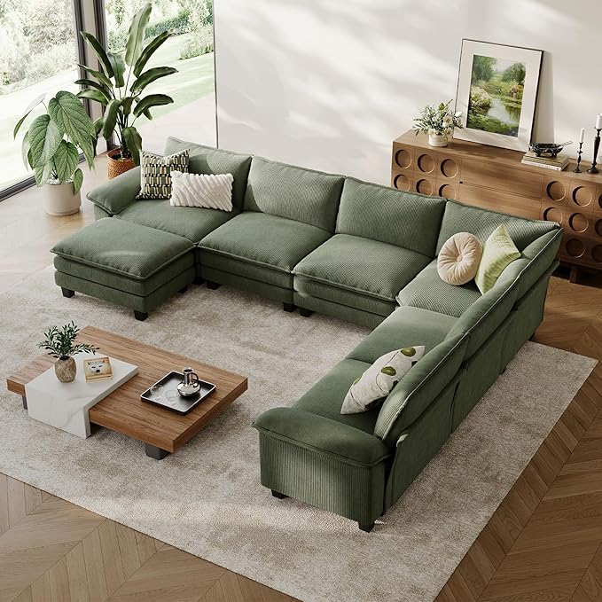 LINSY HOME Modular Sectional Sofa, 6-Seat Corduroy Modern Cloud Couch with Deep Seat & 1 Movable Ottoman, Perfect for Living Room, Office, Bedroom, Green