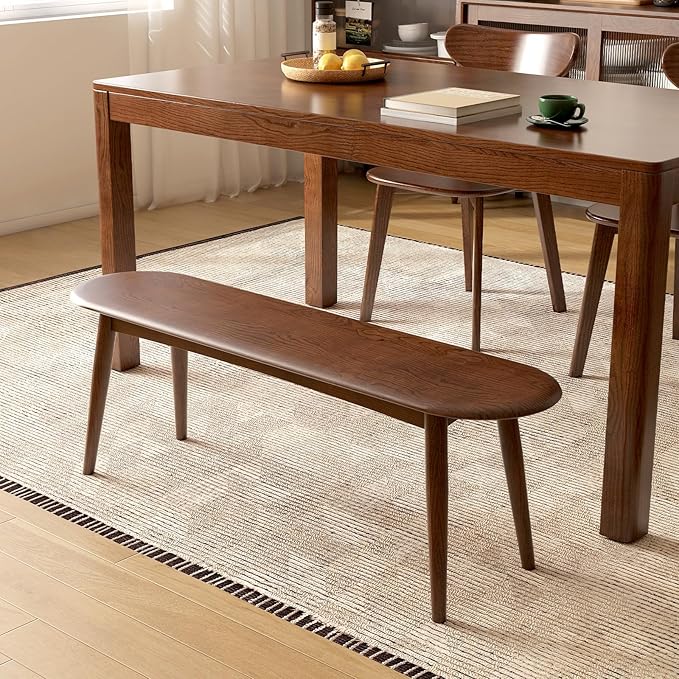 100% Solid Oak Wood Dining Bench, 47.2'' Entryway Bench Ottoman with Rounding Corner Design for Kitchen Living Room Bedroom, Walnut