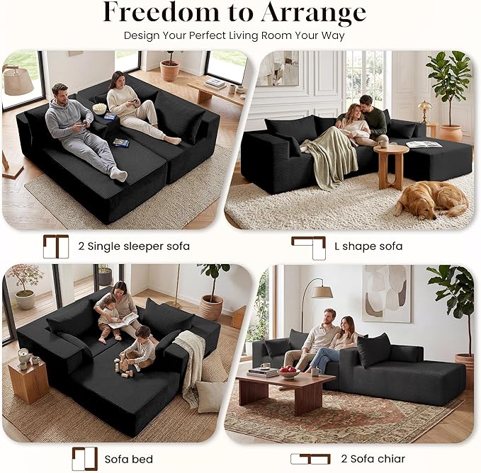 GRUSIGN 106" Oversized Sectional Boneless Sleeper Sofa Bed Couches for Living Room, Modular L Shaped Couch with Left Facing Chaise & Big Ottoman, Compressed Spineless Corduroy Cloud Sofas, Black | Deep Seat