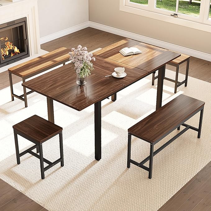 Garvee 5 PCs Extendable Dining Table Set for 4-8 People, 63 in Kitchen Table with 2 Benches & 2 Stools, Modern Dining Room Furniture, Easy Assembly Metal Frame