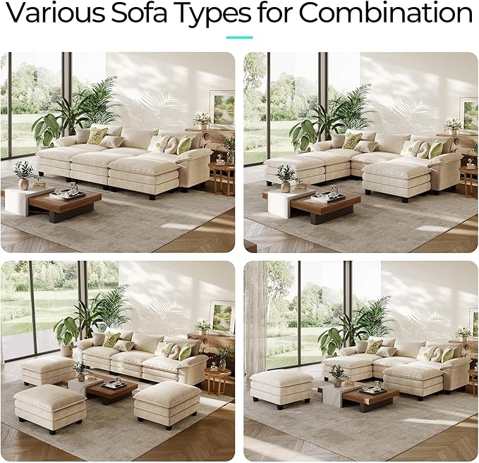 LINSY HOME 123" Modular Sectional Sofa, 3-Seat Corduroy Modern Cloud Couch with Deep Seat & 3 Movable Ottoman, Perfect for Living Room, Office, Bedroom, Beige