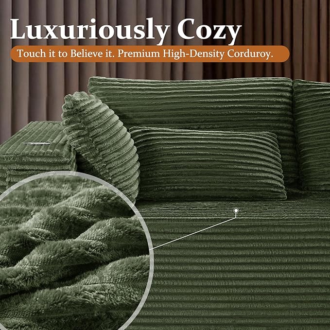 138" Cloud Sectional Couch, Comfort U Shaped Boneless Couch for Living Room, Extra Deep Seats No Assembly, Minimalist Modular Sofa, Corduroy (Olive Green, 3 Seater+Right Facing Chaise+Ottoman)