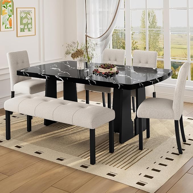 Merax 6-Piece Dining Table Set for 6, Modern Faux Marble Oval Kitchen Tabletop with Four Upholstered Chairs and One Bench for Dining, Living Room, Kitchen, Easy Assembly, Black+ Beige