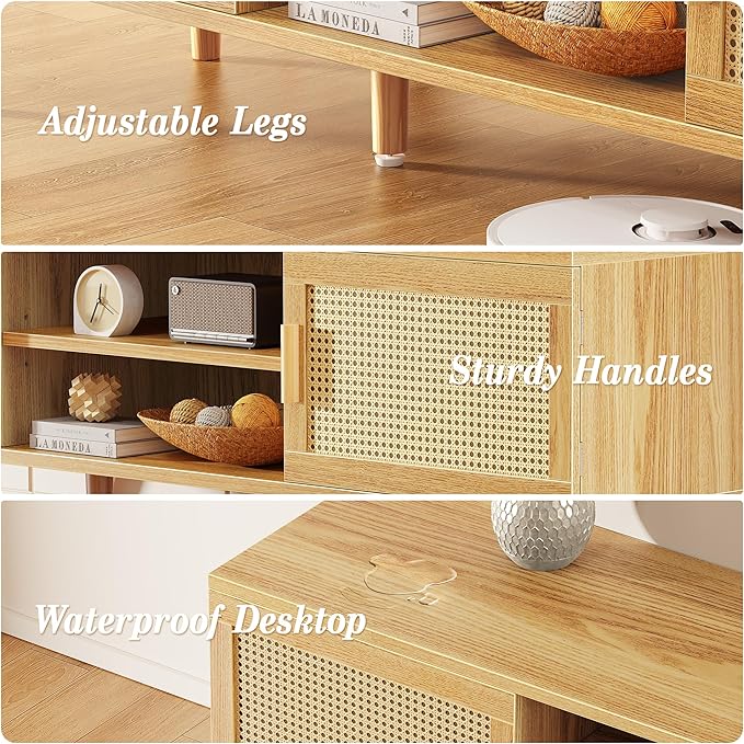 SUPERJARE Boho TV Stand for 65 Inch TV, Entertainment Center with Adjustable Shelf, Rattan TV Console with 2 Cabinets, Media Console, Solid Wood Feet, 4 Cord Holes, for Living Room - Natural