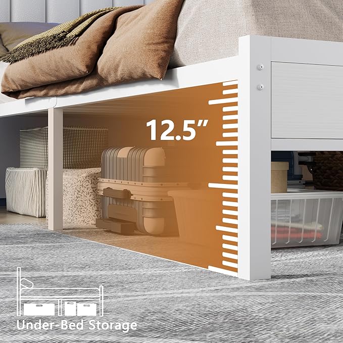 Furnulem White Full Size Bed Frame with Charging Station & Led Lights, PU Leather Upholstered Headboard with 2-Tier Storage Shelves, No Box Spring Needed, Metal Slat Support, Solid and Stable