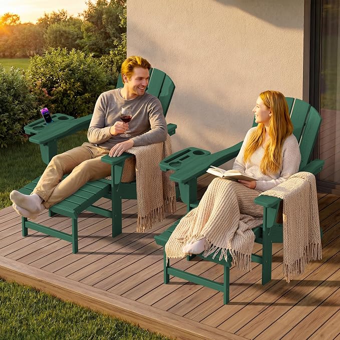 KINGYES Adjustable Folding Adirondack Chair with Footrest & 4-in-1 Multi-Functional Armrest Organizer Set of 4, HDPE Foldable Recliner Adirondack Chair with Pull-Out Ottoman, Green