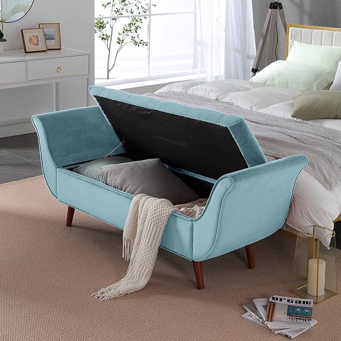 Storage Bench for Bedroom End of Bed, Velvet Upholstered Rolled Armed Button Tufted Sofa Stool Bench, Storage Ottoman Couch Long Bench with Solid Wood Legs (Blue)