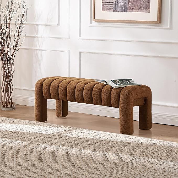 43.3" Bedroom Bench, Upholstered Brown Boucle Ottoman, Modern Tufted Dining Bench with Solid Wood Legs and Adjustable Foot Pegs for Entryway, Dining Room and Living Room (Rust Brown Boucle)