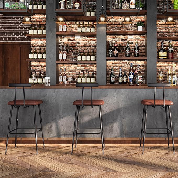 Bar Stools set of 2, Tall Bar Stools with Backrest and Footrest, Counter Height Bar Chairs, Industrial Barstools with PU Leather Cushion, for Kitchen, Dining Room, Bar, Cafe (Rustic Brown)KBS515R