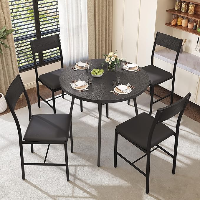 Pamapic Round Dining Table Set for 4, Kitchen Table and Chairs for 4, Dining Room Circle Dinner Pedestal Table, Solid Metal Frame, Space Saving Wood Small Kitchen & Dining Room Furniture, Black