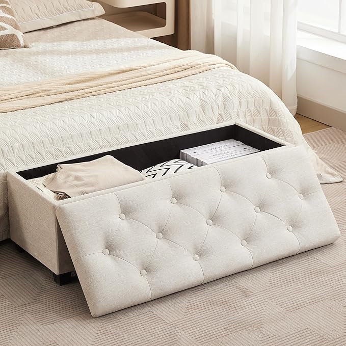 Mangodan 43 Inch Linen Storage Ottoman Bench, Foot Rest with Legs, End of Bed Bench, Storage Chest, Load up to 660 Lb, Ottoman with Storage Bench for Living Room, Bedroom, Entryway (Light Beige)