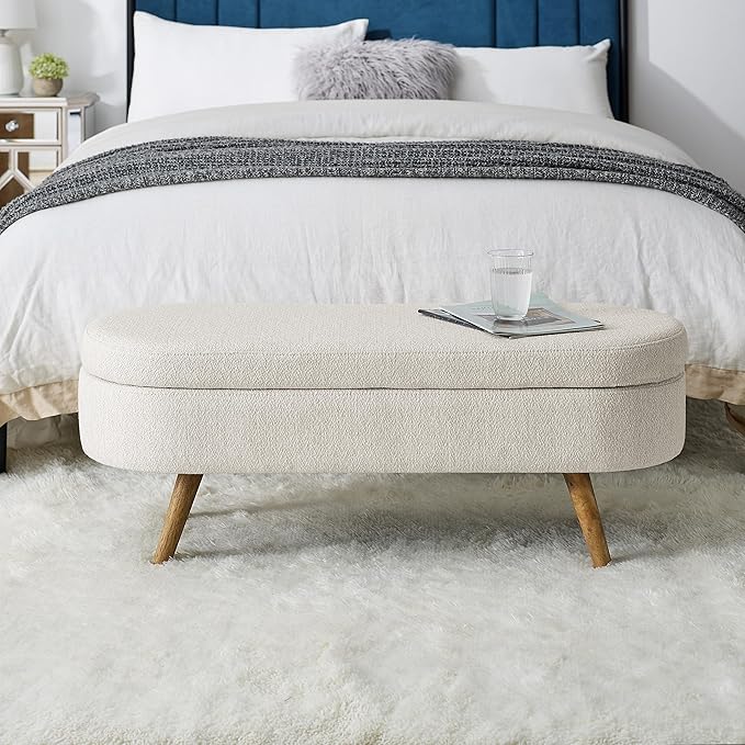 43.5" Ottoman with Storage, Storage Ottoman Bench with Safety Hinge, Linen End of Bed Bench, Upholstered Entryway Bench for Bedroom, Living Room & Window, Holds up to 330 lb, Beige