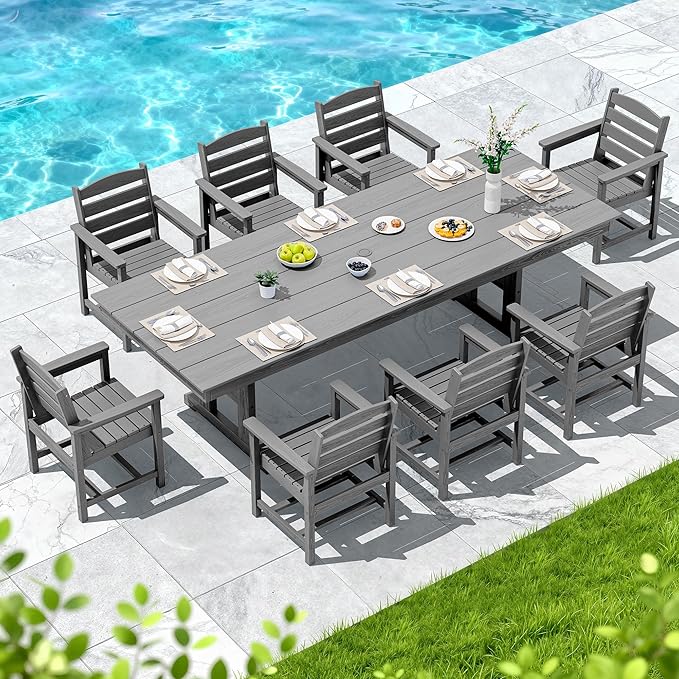 SERWALL 9 Piece Outdoor Dining Set, 84" HDPE Outdoor Table and Chairs for 8,All Weather Patio Furniture Set with Umbrella Hole for Backyard, Garden, Gray