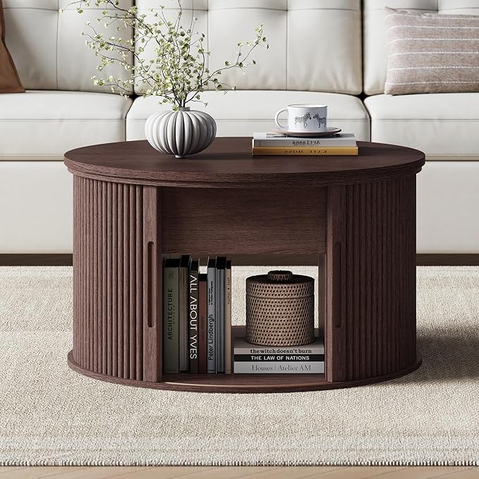 LINSY Lift Top Coffee Table, Round Fluted Coffee Table with Storage, Mid Century Modern Wooden Coffee Tables with Sliding Tambour Door, 31.5" Center Table for Living Room, Office, Small Space, Walnut