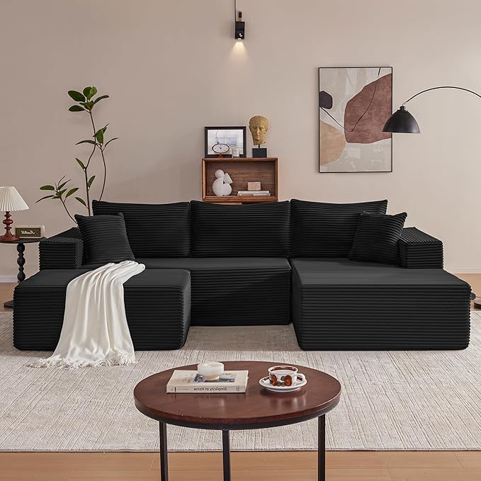 Mangodan 110” Cloud Sectional Couch, Boneless Sofa for Living Room, Modular Sectional Sofa with Deep Seat, Comfy Fluffy U-Shaped Couch with Right-Facing Chaise, No Assembly Required, Black