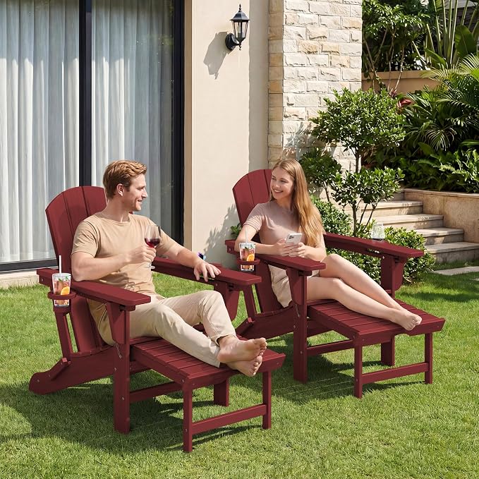 KINGYES Folding Adjustable Adirondack Chair with Ottoman & 2 Cup Holders, HDPE Reclining Adirondack Chair with Footrest, Red