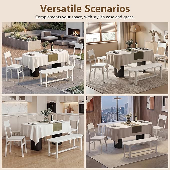 Feonase Dining Chairs and Benches Set of 4, Modern Dining Room Chairs with Ergonomic Backrest, Wood Structure & Metal Legs, for Kitchen, Dining Room, Space-Saving, Easy to Assemble & Clean, White