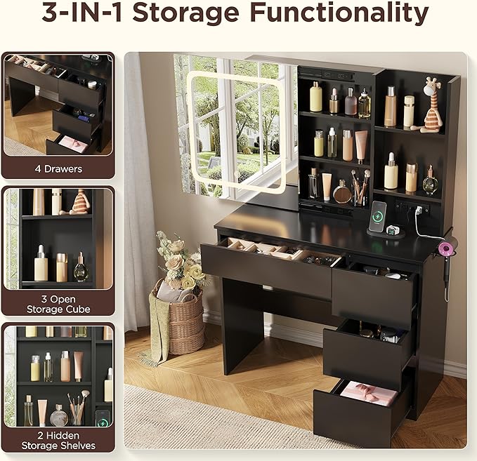 Vabches Make Up Vanity Desk with Charging Station, Vanity Set with Mirror and Lights,Dressing Table with 4 Drawers & Storage Shelves,37inch, Black