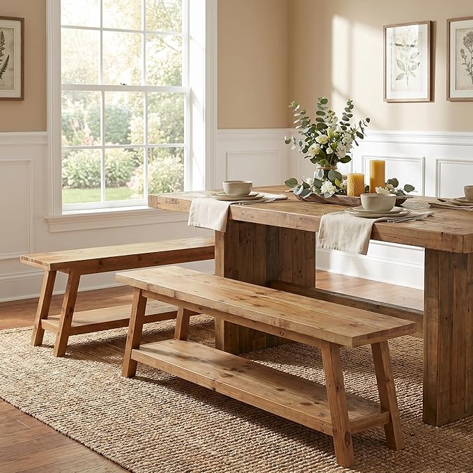 Set of 2 63” Wood Dining Room Bench, Farmhouse Kitchen Bench with Storage Shelf, Solid Wood Rusit Backless Bench for Dining Table, Extra Long Seating for Kitchen Room
