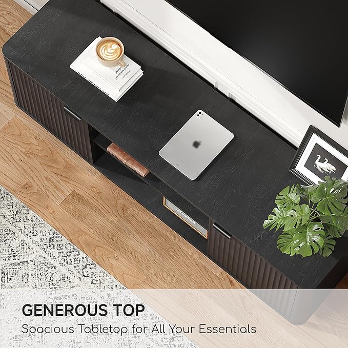 Fatmok TV Stand, 58" Modern Media TV Console Table with Storage for 55/60/65 inch TV, Mid Century Entertainment Center with Fluted Door Cabinets and Open Shelves TV Cabinet for Living Room, Bedroom