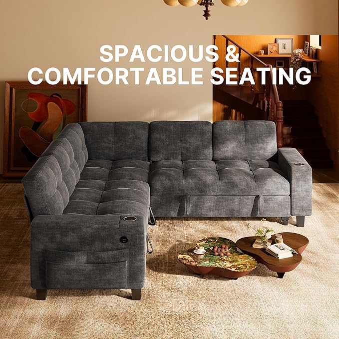 Marsail 84.6" Sectional Sleeper Sofa with Pull Out Bed, 5 Seat Modular Sectional Couch with Storage, USB & Cup Holders, Modern Chenille Cloud Sofa for Living Room, Light Gray