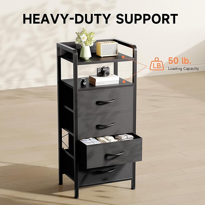 Lazzanto Night Stand Bedside Table Bedroom - Tall Nightstand with Charging Station & LED Light Strip, Bed Side Table with Storage Shelf & 4 Fabric Drawers, 2 U-S-B Ports & 2 AC Outlets