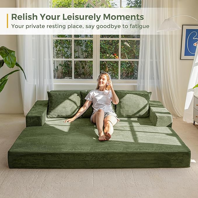 MAXYOYO Convertible Sofa Bed, 80" Oversized Boneless Loveseat Couch 4 in 1 Foldable Floor Sofa Couch in A Box with 2 Cup Holders, Folding Sleeper Chair for Living Room, No Assembly Required, Green