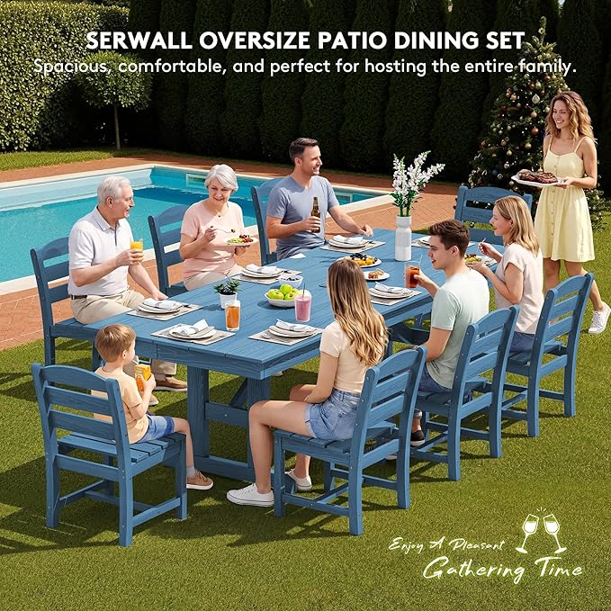 SERWALL Outdoor Armless Dining Chairs Set of 4, All-Weather HDPE Patio Dining Chairs with 19.7" Widened Seat and Curved Backrest for Backyard, Garden, Blue