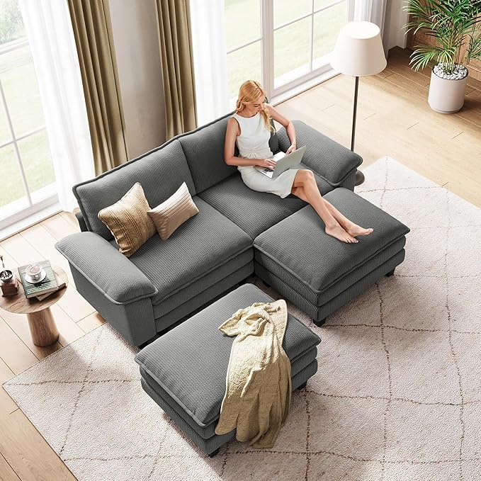 LINSY HOME 90" Modular Cloud Love Seat Sofa, Corduroy Soft Sectional Couch, Modern Comfy Love Seat with 2 Movable Ottoman, Perfect for Living Room, Apartment, Office, Grey