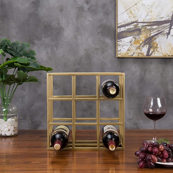 MyGif Gold Wine Rack for 9 Bottles, Modern Tabletop Freestanding Wine Holder, Horizontal Storage for Kitchen, Bar & Dining Room, Rustic Industrial Decor