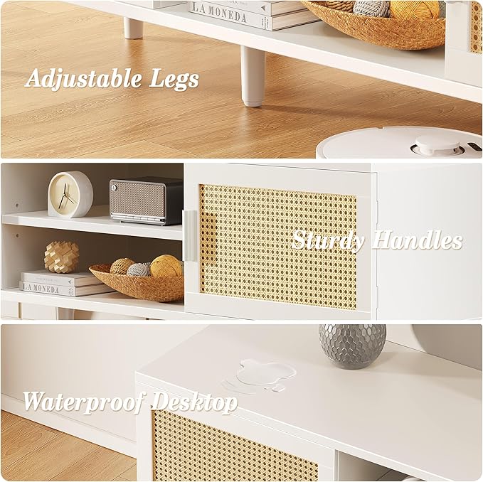 SUPERJARE TV Stand for 65 Inch TV, Entertainment Center with Adjustable Shelf, Rattan TV Console with 2 Cabinets, Media Console, Solid Wood Feet, 4 Cord Holes, for Living Room, White