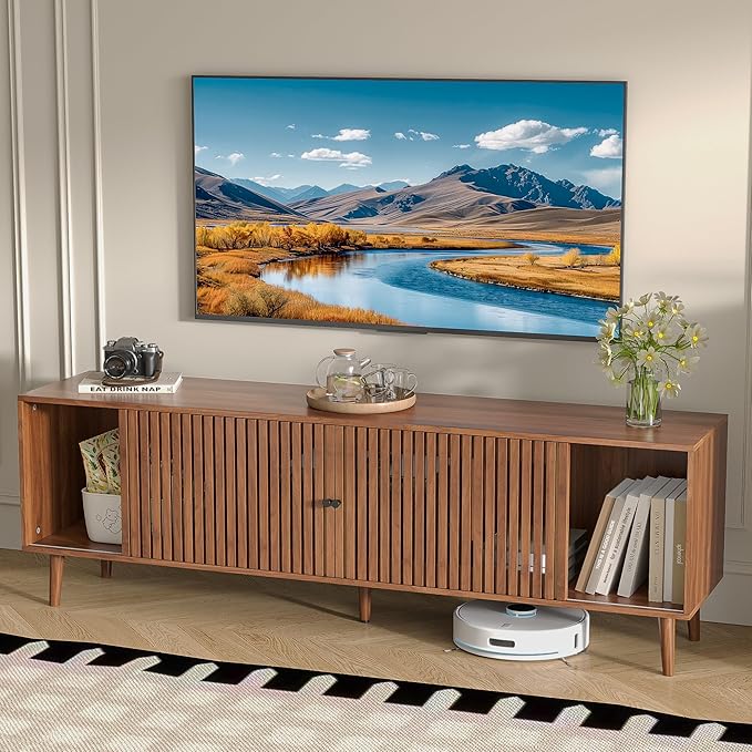 Oubayajia Mid Century Modern TV Stand for Televisions up to 70 Inches, with Sliding Doors and Storage, Television Stands, TV Consoles, Media Consoles for Living Room(Walnut-70inch)