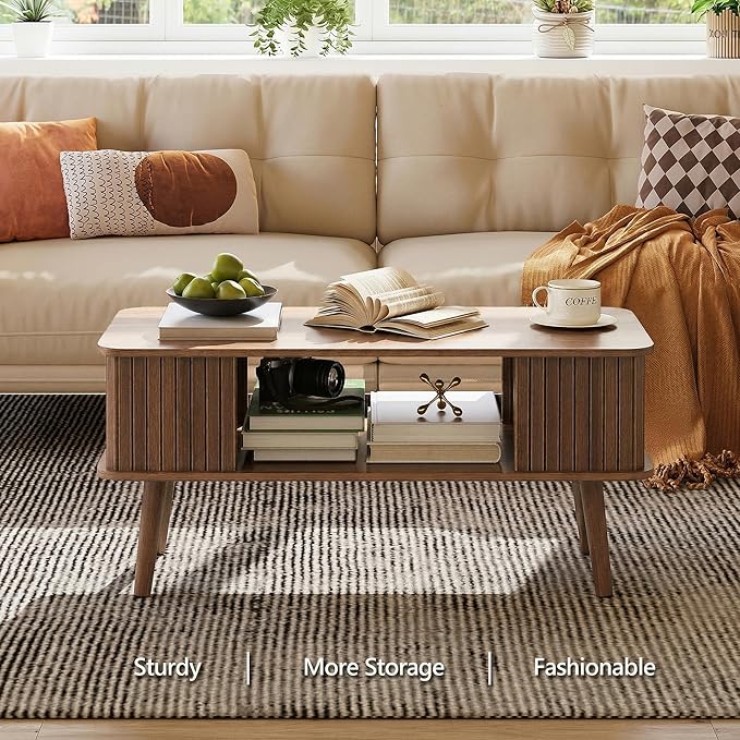 LAZZO Coffee Table with Storage Center Table for Living Room Rectangle Coffee Table with Rounded Edges,Easy Assembly, Walnut