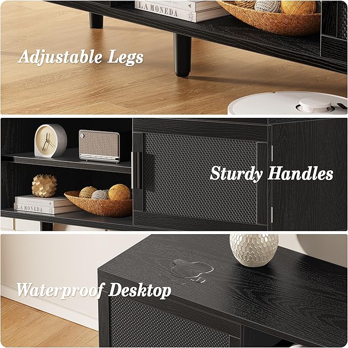 SUPERJARE TV Stand for 65 Inch TV, Entertainment Center with Adjustable Shelf, TV Console with 2 Cabinets, Media Console, Solid Wood Feet, 4 Cord Holes, for Living Room, Black
