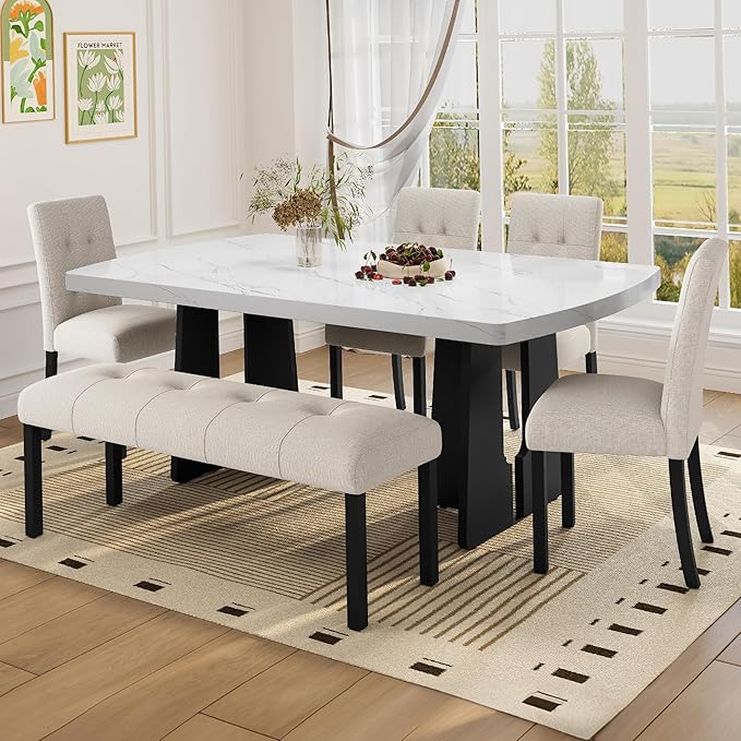 Merax 6-Piece Dining Table Set for 6, Modern Faux Marble Oval Kitchen Tabletop with Four Upholstered Chairs and One Bench for Dining, Living Room, Kitchen, Easy Assembly, White+ Beige